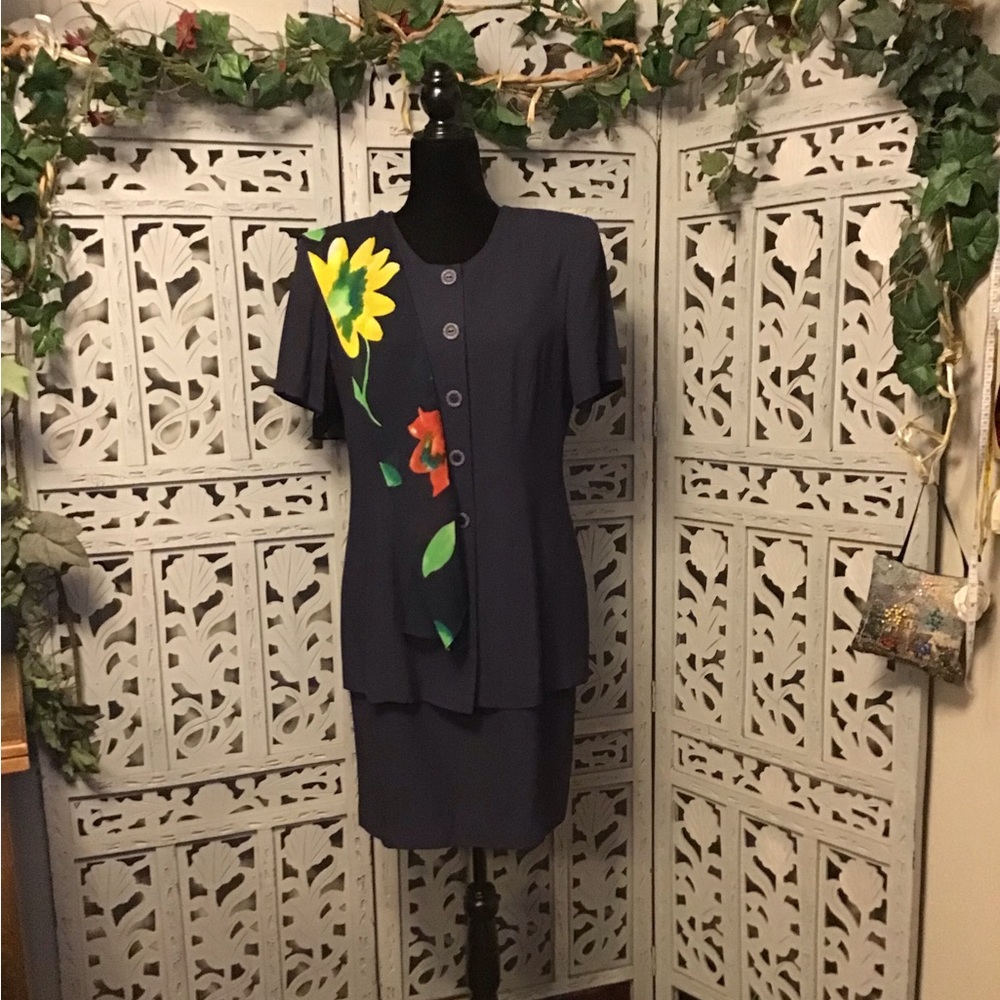 STUDIO PETITE CLASSY NAVY BLUE WITH COLORFUL SCARF SHORT SLEEVE MIDI DRESS